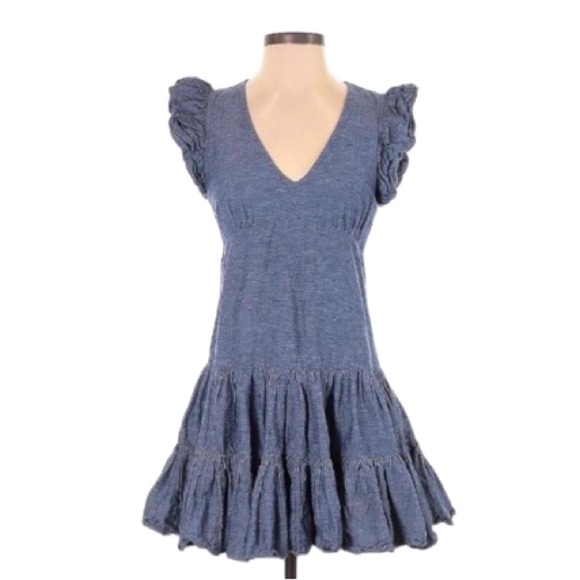 JILL Jill Stuart Dress Blue Chambray Tiered Ruffle Flutter Sleeve Mini. Size S - Picture 3 of 7